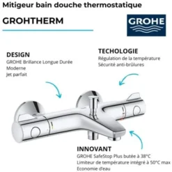 Robinet Bain Douche Thermostatique Grohe Grohtherm 800 Avec Ensemble Douche Complet 2 Jets -Grohe || Hansgrohe Soldes Magasin 11311902 4