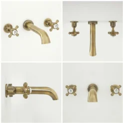 Mélangeur Lavabo Mural Rétro 3 Trous - Or Brossé - Commandes Croisillons - Elizabeth -Grohe || Hansgrohe Soldes Magasin 16905479 4