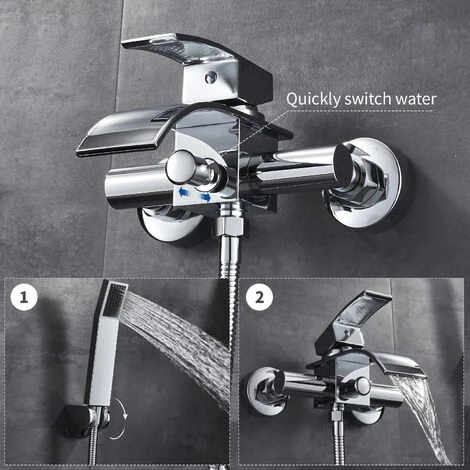 Mitigeur De Baignoire Cascade Avec Douche à Main Et Flexible De Douche 1,5m Robinet De Douche Robinetterie Mural Robinet De Bain En Laiton Chrome 2 Mitigeur De Baignoire Cascade Avec Douche à Main Et Flexible De Douche 1,5m Robinet De Douche Robinetterie Mural Robinet De Bain En Laiton Chrome – Image 2