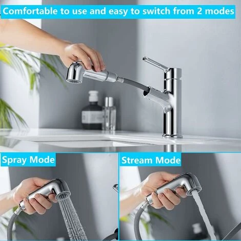 ONECE Robinet De Lavabo En Laiton Avec Douchette Extractible, Mitigeur Salle De Bains Avec 2 Modes D'écoulement Aux Choix, Robinettrie Lave-mains Aérateur Démontable, Cartouche En Céramique, Chromé 2 ONECE Robinet De Lavabo En Laiton Avec Douchette Extractible, Mitigeur Salle De Bains Avec 2 Modes D'écoulement Aux Choix, Robinettrie Lave-mains Aérateur Démontable, Cartouche En Céramique, Chromé – Image 2