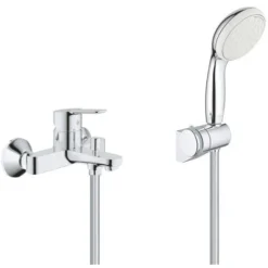 Grohe Set Mitigeur Monocommande Bain/Douche BauEdge + Douchette 2 Jets Tempesta 100 Avec Support Mural, Chrome MitigeurBD1-Tempesta3