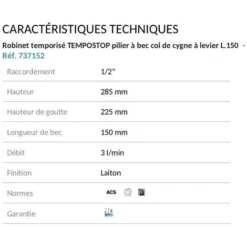 Delabie - Robinet Temporisé TEMPOSTOP Pilier à Bec Col De Cygne à Levier L.150 Mm Laiton Chromé -Grohe || Hansgrohe Soldes Magasin 38059140 3
