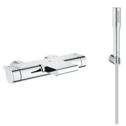 Grohe Grohtherm 2000 Set Mitigeur Thermostatique Bain/douche + Douchette 1 Jet + Flexible Et Support Mural, Chrome (34174001-Euphoria)