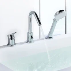 Faustina Robinet Baignoire 3 Trous, Mitigeur 3 Trous Baignoire Avec Pommeau De Douchette Extractible, Robinetterie De Baignoire 3 Trous Avec Inverseur, Chromé