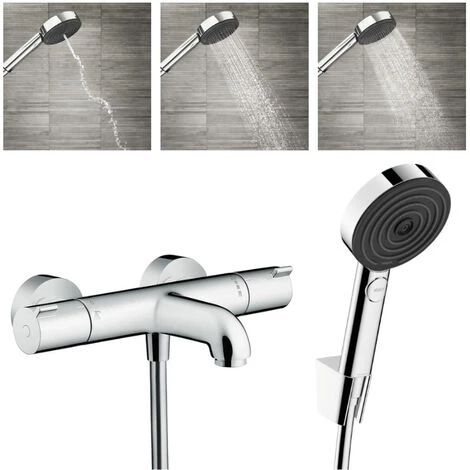 Hansgrohe Ecostat Set Mitigeur Thermostatique Bain/douche + Douchette à Main 105mm 3 Jets + Flexible Douche 160cm + Support Mural, Chrome 1 Hansgrohe Ecostat Set Mitigeur Thermostatique Bain/douche + Douchette à Main 105mm 3 Jets + Flexible Douche 160cm + Support Mural, Chrome