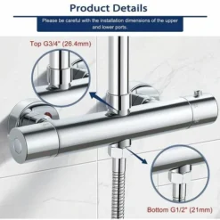 Premier® Mitigeur Thermostatique Pour Colonne, Robinet De Douche En Laiton Haut G3/4 BSP (26.4 Mm) + Bas G1/2" BSP (21 Mm) -Grohe || Hansgrohe Soldes Magasin 65489712 5