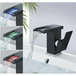 Robinet Salle De Bain Design Moderne De Cascade Robinet Lavabo Noir LED Durable Eau Chaude Et Froide Réglable
