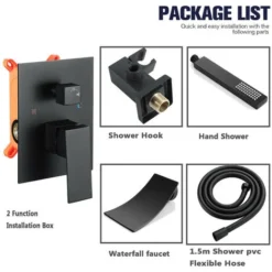 Mitigeur De Baignoire, Robinet De Baignoire Cascade, Robinet De Bain Mural, Encastrable Mitigeur De Douche Avec 1,5m Flexible De Douche En Acier Inoxydable, Douchette En Laiton, Noir, Style B -Grohe || Hansgrohe Soldes Magasin 67900095 4