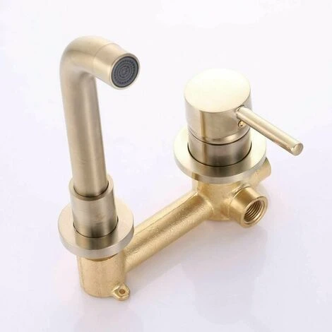 Robinet De Lavabo Pour Salle De Bains En Laiton, Montage Mural, Or Brossé 5 Robinet De Lavabo Pour Salle De Bains En Laiton, Montage Mural, Or Brossé – Image 5