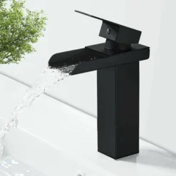 Robinet Salle Bain Cascade Noir Mat, Mitigeur Lavabo Robinet Lavabo En Laiton Avec Eau Froide & Chaude Disponible, Valve En Céramique, Robinet Salle De Bain Design Cascade Concave, G 3/8