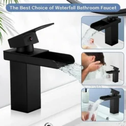 Robinet Salle Bain Cascade Noir Mat, Mitigeur Lavabo Robinet Lavabo En Laiton Avec Eau Froide & Chaude Disponible, Valve En Céramique, Robinet Salle De Bain Design Cascade Concave, G 3/8 -Grohe || Hansgrohe Soldes Magasin 85800162 4