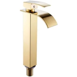 Robinet Salle De Bain Lavabo Haut Cascade Bec Pour Vasque,Mitigeur Eau Froide Et Chau Moderne Carré Chromé Trou Simple (Doré)