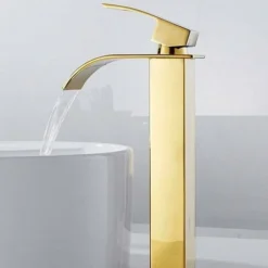 Robinet Salle De Bain Lavabo Haut Cascade Bec Pour Vasque,Mitigeur Eau Froide Et Chau Moderne Carré Chromé Trou Simple (Doré)