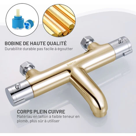DALMO Mitigeur Thermostatique Mural, Robinet Thermostatique Bain Douche 2 Sorties à 38° Bouton De Sécurité, Laiton Chromé, Anti-brûlure - DBWF02XS 4 DALMO Mitigeur Thermostatique Mural, Robinet Thermostatique Bain Douche 2 Sorties à 38° Bouton De Sécurité, Laiton Chromé, Anti-brûlure - DBWF02XS – Image 4