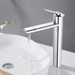 DALMO Robinet De Lavabo, Robinet De Lavabo à Deux Vitesses Rotatif 360 ° Avec Laiton Chromé, Robinet De Lavabo à Cartouche En Céramique, Économiseur D'eau à Mains Libres - DBWF01TL