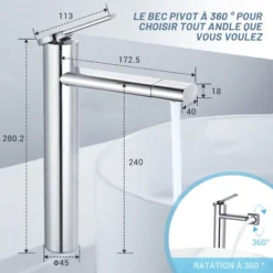 DALMO Robinet De Lavabo, Robinet De Lavabo à Deux Vitesses Rotatif 360 ° Avec Laiton Chromé, Robinet De Lavabo à Cartouche En Céramique, Économiseur D'eau à Mains Libres - DBWF01TL -Grohe || Hansgrohe Soldes Magasin 89142326 3