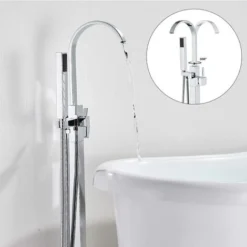 Robinet De Baignoire Autonome Sugoord Robinet De Baignoire Chromé Pour Salle De Bains En Laiton Avec Douche à Main, Orifice De Remplissage Rotatif à 360°, Montage Au Sol à Un Bouton