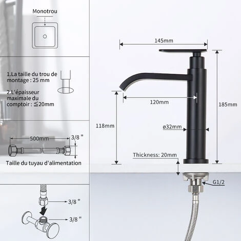 Robinet De Lavabo Eau Froide Uniquement, Mitigeur Salle De Bains En Laiton Durable, Robinetterie Pour Toilettes Invités, Cartouche Céramique, Noir 4 Robinet De Lavabo Eau Froide Uniquement, Mitigeur Salle De Bains En Laiton Durable, Robinetterie Pour Toilettes Invités, Cartouche Céramique, Noir – Image 4