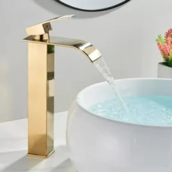 Robinet Lavabo Doré Cascade,Mitigeur Salle Bain Cascade Avec Bec Hauteur Mitigeur Lavabo Cascade Chaude Et Froide Réglable Robinet Salle Bain En Inox