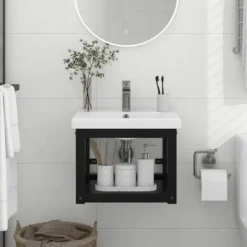 Cadre De Lavabo De Salle De Bain Style Contemporain - Mural Noir 40x38x31 Cm Fer BV747815 - BonneVie