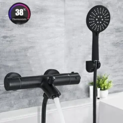 Noir Mitigeur De Baignoire Thermostatique Cascade Avec Douche à Main 3 Jets Au Choix Robinet De Baignoire En Laiton Avec Support Mural De Douchette Pour Salle De Bains Zamery