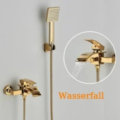 Mitigeur De Baignoire Mural Cascade Dore En Laiton ,Robinet De Baignoire Avec Douche à Main Monté Mur Pour Salle De Bains Zamery