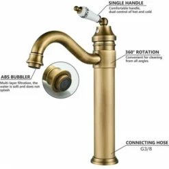 Lavabo Robinet Laiton Haut, Robinet Salle De Bain Avec Bec Haut Pivotant à 360° Mitigeur Lavabo, Chaude Et Froide RéGlable De Mitigeur Lavabo, Mitigeur Salle De Bain -Grohe || Hansgrohe Soldes Magasin 99983965 3